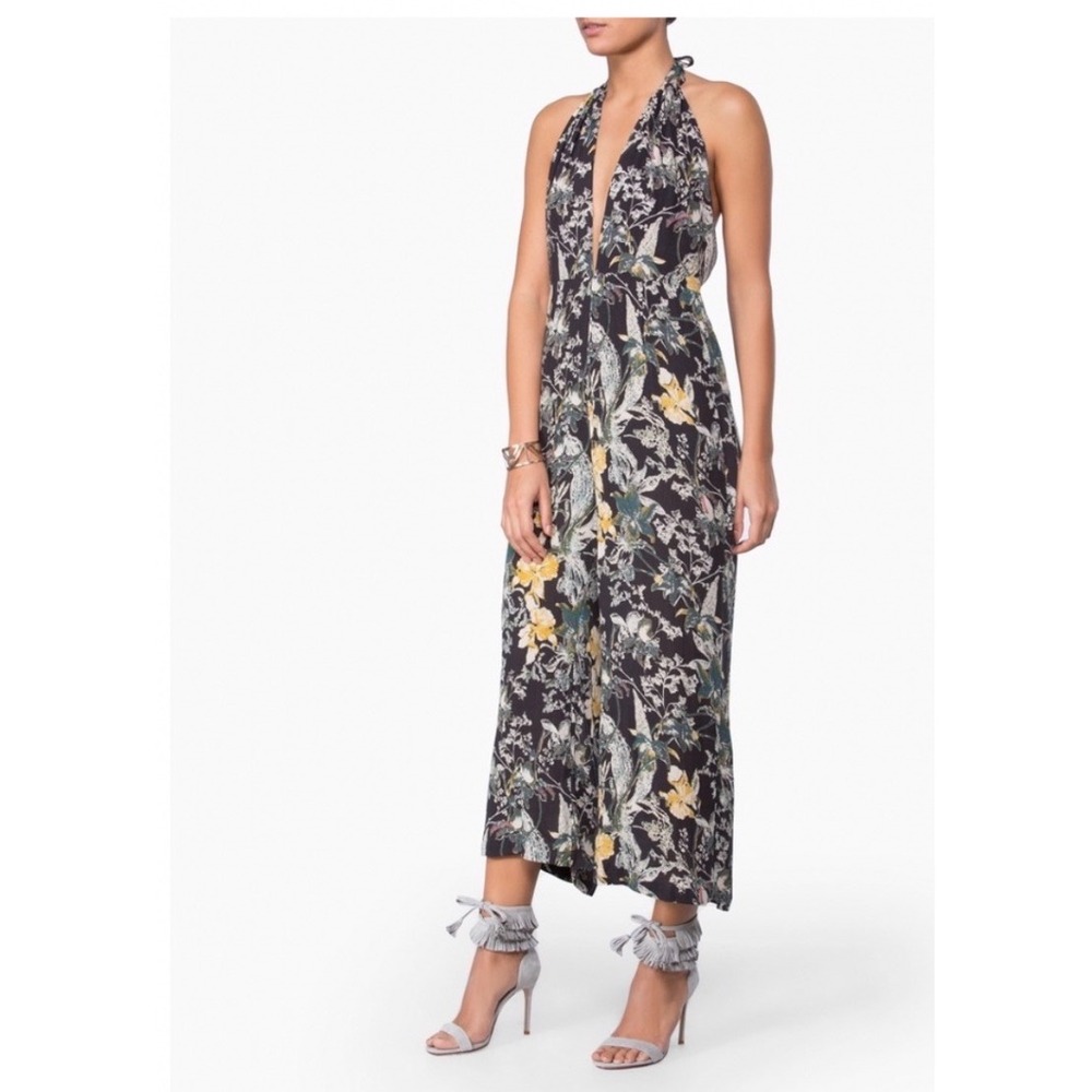 Free People Floral Halter Jumpsuit Black Yellow Wide Leg Cropped tropical boho 0